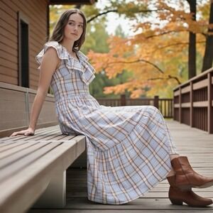 English Factory Plaid Midi Dress Ruffled Neck Sleeveless Peasant Cottage Rodeo M